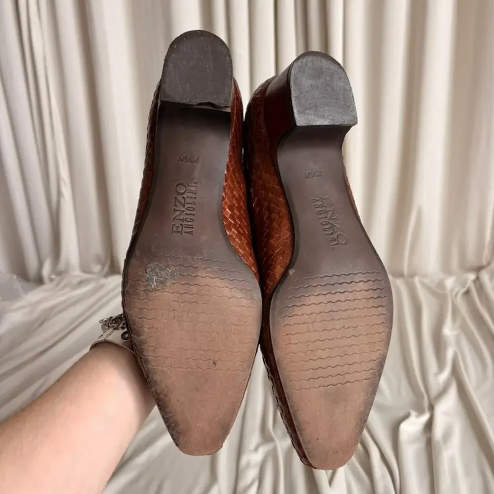 Enzo Angiolini Cognac Woven Leather Pumps - Almond Toe, Size 7.5